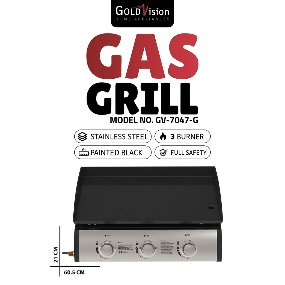 Goldvision Gas Grill (GV-7047-G) جريل غاز مسطح جولد فجن 3 عيون